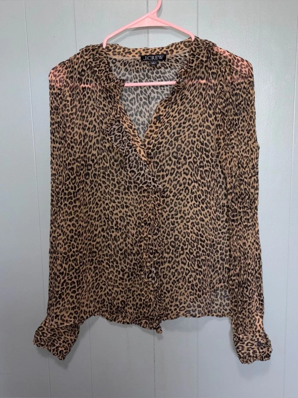 J. Crew Leopard Ruffle Button Up Crinkle Chiffon Long Sleeve Blouse Size 6